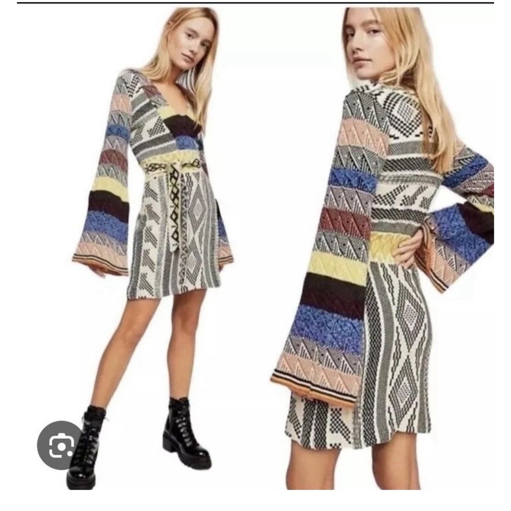 Free People Southwestern Boho Sweater Dress Bell Sleeve Belted Knit Large